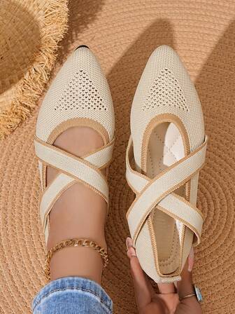 Women's Pointed Toe Slip-On Knitted Criss-Cross Striped Flat Shoes, Solid Color Bohemian Chic Casual Sexy Outdoor Cute Ribbed Flat Loafers For Women, Suitable For Holiday, Party, Home, Office, Outdoor, All Seasons