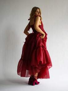 Women's Summer Long A Line Dress Sleeveless Tie Shoulder U-Neck Split Hem Cross Bandage Ball Gown - 酒紅色 - 查看 5