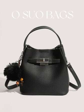New Vintage PU Mini Bucket Bag, Commuter Style With Metal Buckle Decor, Plush Pendant, Comes With Inner Pouch, Can Be Worn As Shoulder Or Crossbody Bag