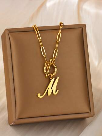 1 pieza Collar con colgante de letra inicial, collar de cadena de acero inoxidable chapado en oro de 18K con hebilla OT, joyería Y2K, accesorio de regalo de cumpleaños