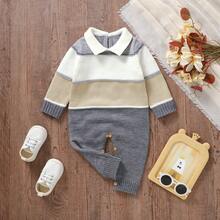 Infant Gentleman Style Collared Sweater Romper, Colorblock Wide Striped Minimalist Jumpsuit - Grey - View 4