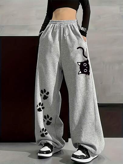 Women's Grey Cozy Thermal Lined Joggers With Paw Print Design And Drawstring