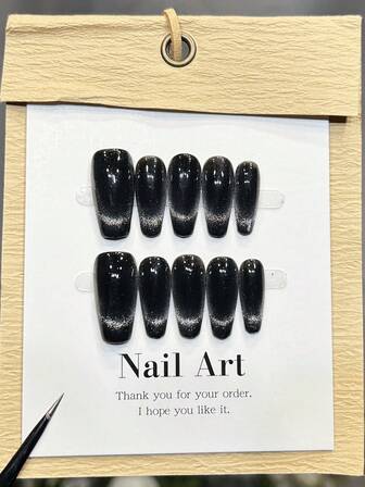 10pcs Handmade Nails Coffin Nails Press On Nails Long, Minimalism Black Nails, Flashy Glossy Cateye, Simple Elegant Luxury Nails Fall Press On Nails, Winter Nails, Versatile Nails DIY False Nail Art Party Daily & Dating Use Beach Tropical Getaway Suitable Reusable, For Women & Girls As Gift Nail Supplies