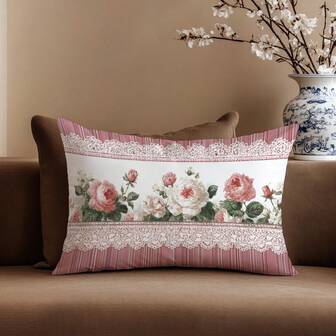 1pc Minimalist Lace Floral Rose Print Cushion Cover, Soft Peach Velvet Fabric, Single-Sided Printing 30*50CM, Suitable For Living Room, Bedroom, Sofa, Home Decor, Holiday Gift, No Pillow Insert