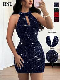 RNU Abito aderente blu navy con paillettes, senza maniche, collo alto, zip sulla schiena, adatto per appuntamenti, feste, discoteche, Ognissanti, San Valentino, elegante, Natale, compleanni, discoteche, feste, Capodanno, primavera, estate, autunno, inverno, nuovo abito corto