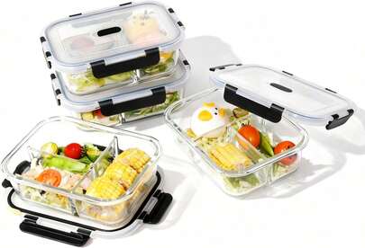 SAEIV Lunchbox – 4 X 1040 Ml Glass Containers With Lids For Food Storage, Featuring A Triple Compartment System. Kitchen Storage Box With Airtight Lid, Glass Containers With Steam Vent, Portable Lunchbox