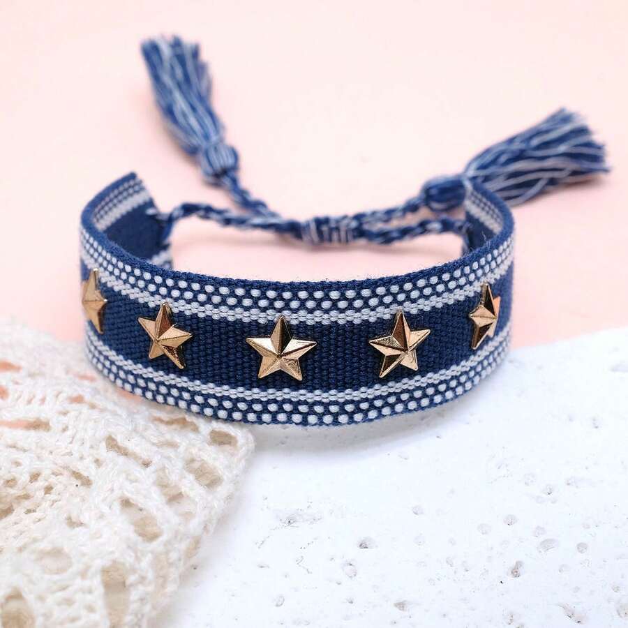 1pc Fashionable Woven Bracelet With Star Studs - Navy Blue - View 1