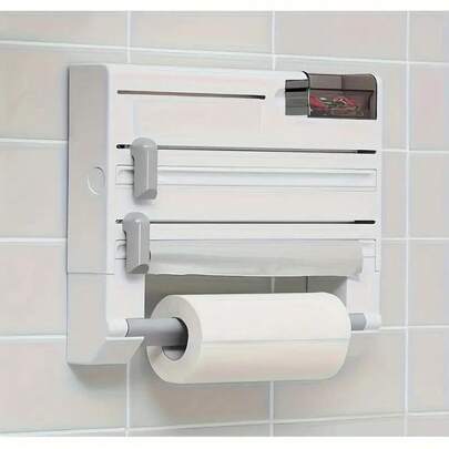 6-In-1 Space-Saving Wall-Mounted Kitchen Storage Rack |   Plastic Wrap & Foil Dispenser, Paper Towel Holder, Durable White Plastic Construction, Kitchen Organizers And Storage