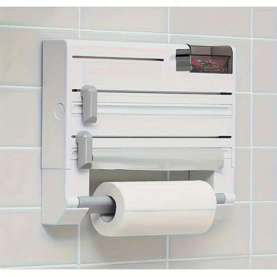 6-In-1 Space-Saving Wall-Mounted Kitchen Storage Rack | Plastic Wrap & Foil Dispenser, Paper Towel Holder, Durable White Plastic Construction, Kitchen Organizers And Storage - trắng - Xem 1