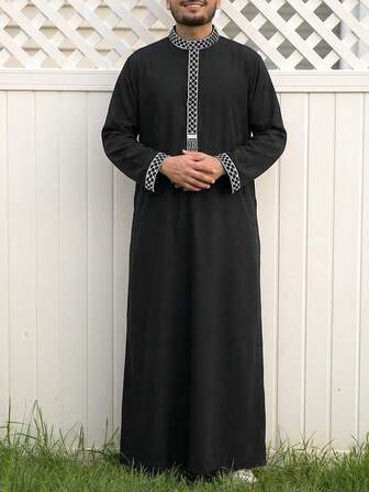 Muslim Men's Thobe, Long-Sleeved Embroidered Stand-Up Collar Design, Saudi Arabia Style Draped Breathable Fabric, Elegant Islamic Traditional Clothing Suitable For Festivals, Daily Matching, And Gift Giving