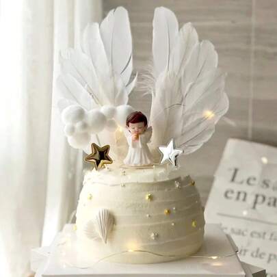 1pc Cute Angel Wings Feather Cake Topper, Suitable For Baby Shower, Children's Birthday Party Decoration, Wedding Dessert Cake Decorating Tool