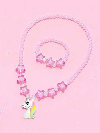 Set de 2 piezas de joyería para niñas con colgante de unicornio lindo y pulsera con cuentas, adecuado como regalo de fiesta de cumpleaños, accesorios para niñas