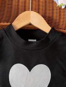 2pcs/Set Girls Casual Heart Print Pattern Sleeveless Stand Collar Top And Printed Shorts Set, Summer - Black - View 3