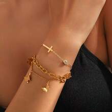 VceTd 1pc/2pcs Elegant Stainless Steel Butterfly/Cross Shaped Pendant Bracelet, Suitable For Women's Daily Commute Or Outings, Afternoon Tea With Friends, Dates, Or As A Holiday Gift For Loved Ones - Yellow Gold - View 6
