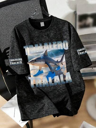 Cyberpunk Style Round Neck Short Sleeve T-Shirt With Shark Graphic, "TRALALERO/TRALALA" Letter Print For Teenage Boys, New Summer/Autumn Kids Clothing