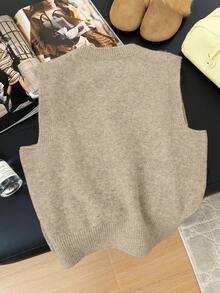 1 Áo vest không tay cổ tròn màu trơn đơn giản dành cho nữ có nút kim loại bên hông - Màu Khaki - Xem 3