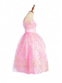 6pcs/Set Girls Pink Floral Pattern Sleeveless Dress, Gloves, Crown, Magic Wand, Handbag, Children Christmas Halloween Costume Dress Set - Pink - View 3