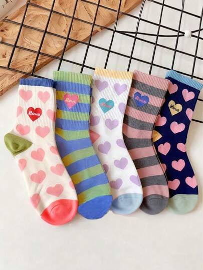 5pcs Minimalist Heart Shaped Combo, Ins Style Korean Fashion Women Mid-Calf Socks, Polyester Fiber (Polyester) Rib Soft Fleece, Suitable For Christmas