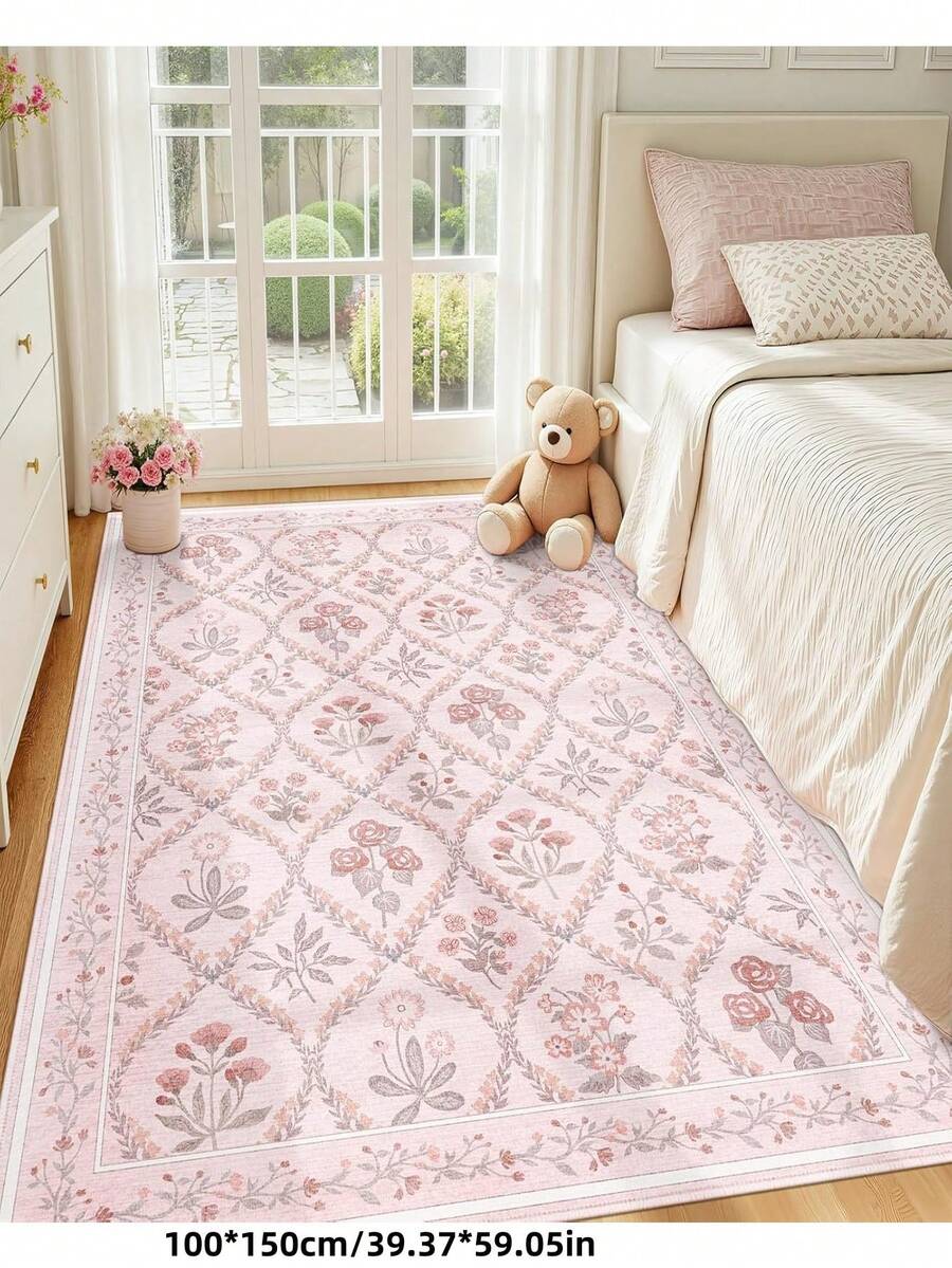 1pc Bohemian Modern Paris Pink Floral Carpet, Suitable For Living Room; Non-Slip Rust Red Retro Farmhouse Printed Carpet, Suitable For Bedroom, Dining Room, Dorm, Office, Home Decor