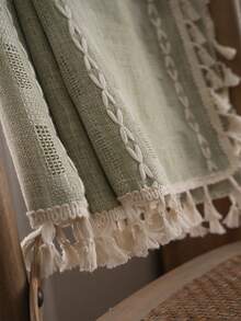 1pc Green & Beige Bohemian Tassel Hollow-Out Jacquard Knit Curtain, Nordic Style Pure Living Room Bedroom Home Decor, Holiday & New Year Decoration - Green - View 4