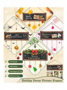 1 Set Photo Frame Collage Display Board, Rustic Wooden Picture Frame, Suitable For Wall Decor And Dorm Decor, Includes Chalkboard And 30 Clips, Great Gift For Holidays - Brown - View 5