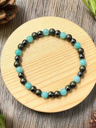 YAUKIA Pulsera hecha a mano de cuentas de moda para uso diario con amazonita, pirita, ónix negro, joyería de alivio del estrés, regalos unisex