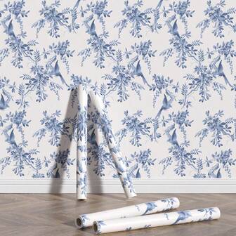 1 Rolls Thickened PVC Waterproof Peel And Stick Wallpaper, Self-Adhesive Blue Botanical Bird Pattern Home Decoration Wallpaper With Vintage Floral Detail For Dormitory Cabinet Renovation Drawer Liner, DIY Furniture Bedroom Room Decoration Self-Adhesive Wallpaper