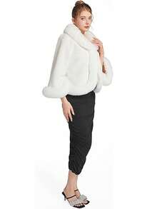 1  Cute    Polyester    Shawl Winter Warm Cloak  Winter  Women's Short Faux Fur Outerwear   Fluffy Bridal Wedding Shawl V  Cape Shawl For Evening Party - 白色 - 查看 4