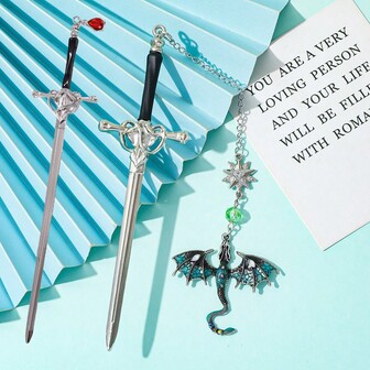 剑形金属书签，配双翼龙吊坠，奇幻书签，学生礼物，剑龙书签，送给爱书人的生日礼物，周年纪念吊坠