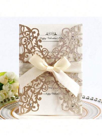 16 piezas/4 piezas Tarjetas de invitación con lazo cortadas con láser, invitaciones de boda con papel de perla brillante y tarjeta interior con sobre - Ideal para aniversarios, bodas y fiestas - Suministros y decoraciones para bodas y fiestas, invitaciones para banquetes y fiestas