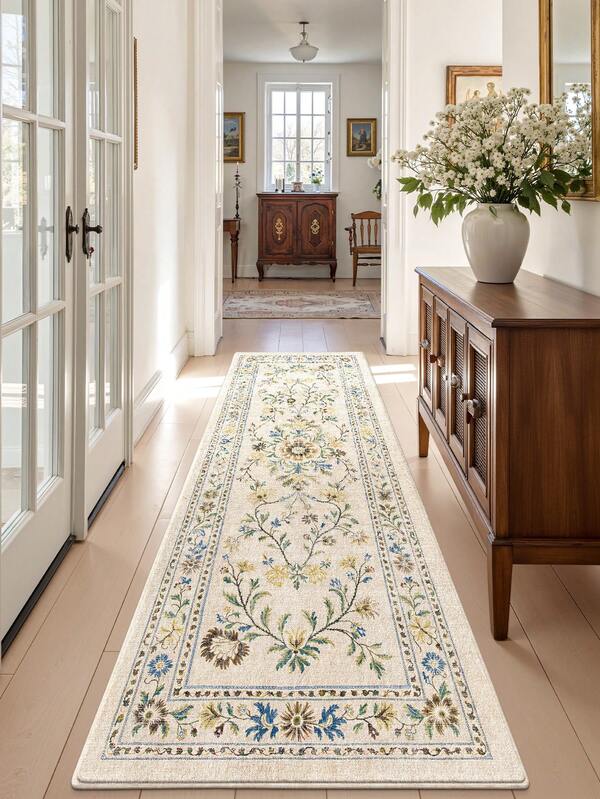 DAJIANG 1 pieza - Felpudo vintage con estampado floral, patrón floral europeo multicolor, alfombra para cocina y pasillo, material similar a la lana, apto para baño, cocina, exterior, interior, pasillo, dormitorio, sala de estar, mesita de noche, lavable a máquina, fácil de limpiar, base antideslizante, apto para decoración de invierno del dormitorio, decoración navideña del Día de San Valentín, decoración navideña del dormitorio, accesorios de baño, conjunto de decoración de habitación