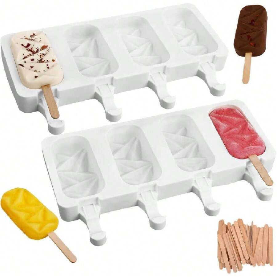 2 Pack Silicone Popsicle Molds, 4 Cavities Diamond Ice Creaolds With 50 Wooden Sticks For Ice Pop, Cake Pop, Cakesicles (White),34696692 - 淺灰紫 - 查看 1