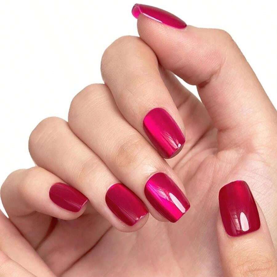 GLAMERMAID Hot Pink Press On Nails Extra Short Square, Handmade Magnet Cat Eyes Glitter Jelly Gel Fake Nail Kits, Magnetic Glue On Nail Reusable Acrylic False Nails Manicure Kits For Women - ColorA - 查看 1