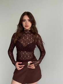 Elegant Women's Lace Semi-Sheer Top With Long Regular Sleeves And Stand Collar, Perfect For A Stylish Look - Rust Brown - View 5