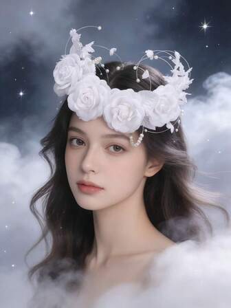 1 pieza Diadema hecha a mano con flor de rosa blanca de seda artificial y cadenas de perlas, accesorio nupcial de boda soñador