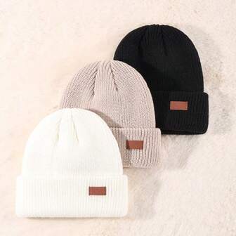 1/3 Packs Unisex Leather Patch Winter Skull Cap Beanies Knitted Cuff Hats Caps Roll-Up Edge Beanie Hats For Men Outdoors Men Winter Head