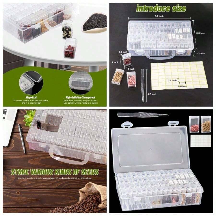Caja Compartimentos Plastico, Caja de Almacenamiento de Semillas, 64 Compartimentos Transparente Organizador Extrable, Caja de Almacenamiento con Pegatinas y Pinzas - transparente - Ver 1