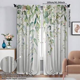 2 st vita blommiga dekorativa gardiner i konststil - Modern polyesterdesign med gröna blad, transparenta, stångfickor, lämpliga för vardagsrum, sovrum, kök och heminredning, vardagsrumsgardiner