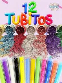 12 Tubitos de Diamantina- Purpurina, Escarcha, Brillantina, Ideal para Manualidades, Proyectos Escolares, Decoración,   Arte, Tareas - 12 Tubitos - Ver 1