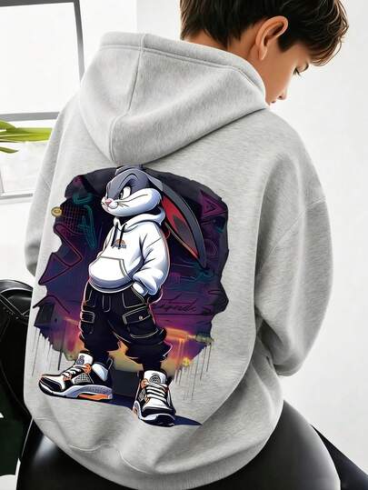1 pieza Sudadera con estampado de conejo de dibujos animados para niños adolescentes, suave y cómoda, perfecta para salidas diarias en primavera y otoño