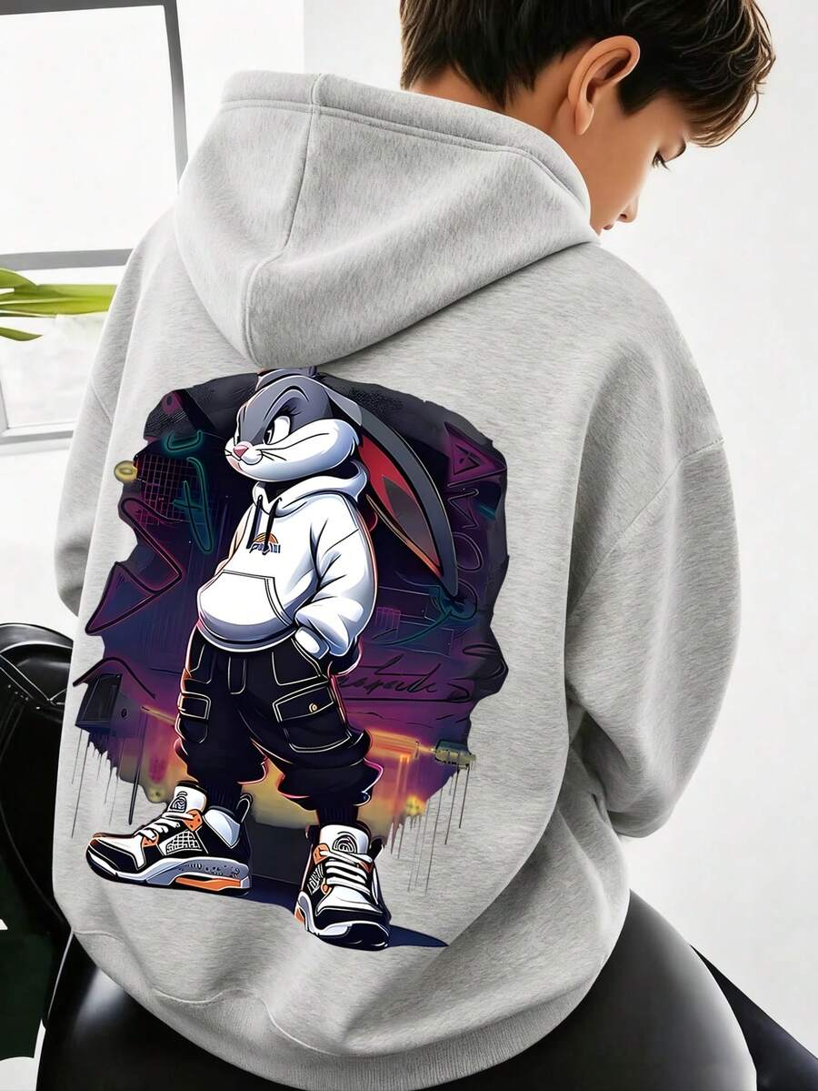 1pc Teen Boys ' Cartoon Rabbit Print Sweatshirt, Soft And Comfortable, Perfect For Daily Outings In Spring And Autumn - Grey - View 1