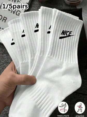 1/5 Pairs Plain White Women Letter Mid-Calf Socks, Soft, Fashionable, Minimalist, Comfortable, Versatile For Daily Wear Or Outdoor Sports, All Seasons