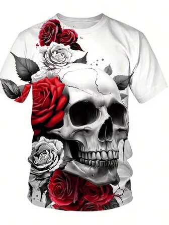 3D-tryckt herrtröja med kort ärm, herrtröja med unikt 3D-tryck och blom-dödskalletryck, maskintvättbar, avslappnad rundhalsad kortärmad skjorta
