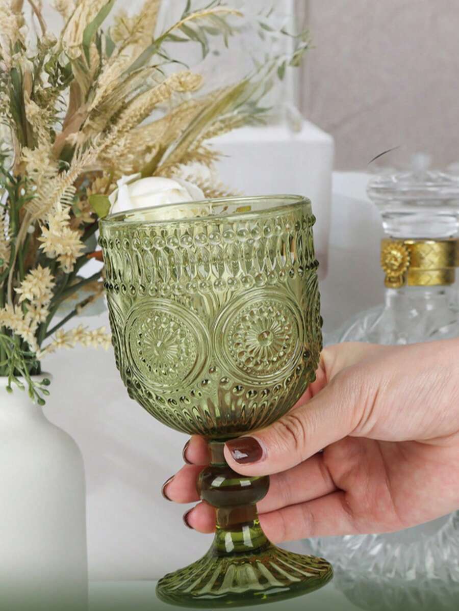 6pcs Glass Goblet Vintage Stemware Wine Cup Retro Embossed Footed Glassware Wine Goblet For Spring Outing & Easter Party Iced Beverage Wine Cocktail - màu xanh lá - Xem 1