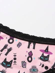 Dircho 6条装性感可爱哥特风撞色蕾丝平角内裤，万圣节黑色粉色骷髅、蝙蝠、猫咪和怪兽印花舒适丝滑贴身三角裤，女士内衣及睡衣 - 彩色 - 查看 7