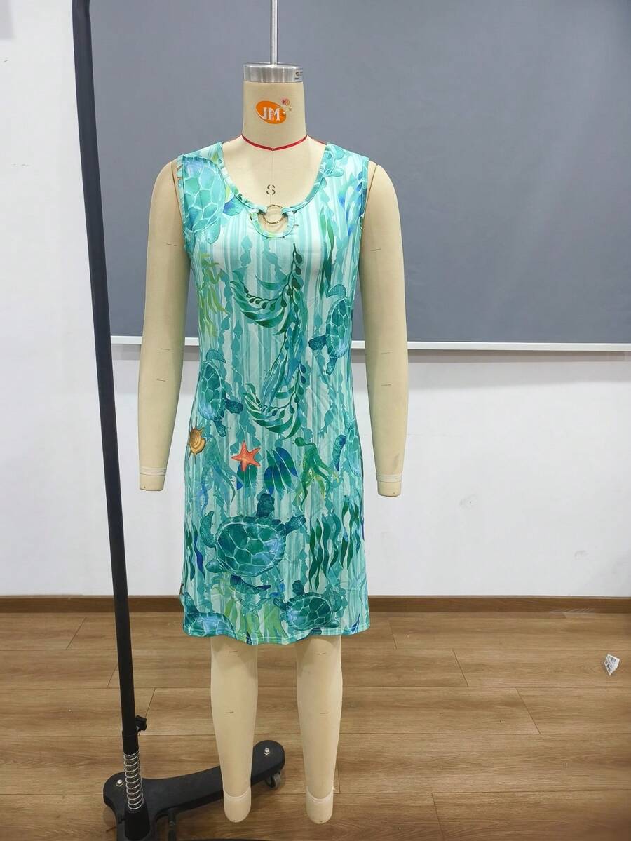 Damska sukienka wakacyjna z nadrukiem żółwia, bez rękawów i krótkim rękawem - Wielokolorowe - Zobacz 1