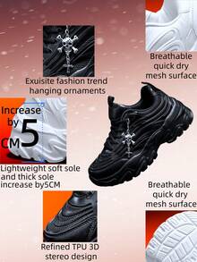 5厘米增高女式休闲运动鞋，配有可拆卸金属银十字架和骷髅装饰链，户外EVA厚底高帮运动鞋，轻便柔软减震防滑圆头系带黑色鞋，适合大学生、青少年、日常穿着、健身、办公等场合。 - 黑色 - 查看 4