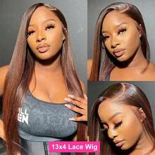 200% 以上密度蕾丝前假发 32 英寸 13X4 13X6 高清骨直蕾丝假发 自然瑞士预拔透明蕾丝 自然巧克力棕色 真人混纺发假发 带婴儿发 耐高温纤维假发 女士 - 棕色 - 查看 7