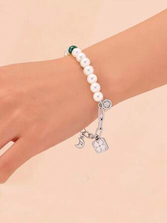 1pc Elegant Luxury Fashion Versatile Handmade Pearl & Crystal Moon Clover Heart Beaded Chain Bracelet, Suitable For Women Travel, Party, Vacation, Perfect Gift For Girlfriend, Wife, Mother, Suitable For Banquet, Ball, Daily Wear