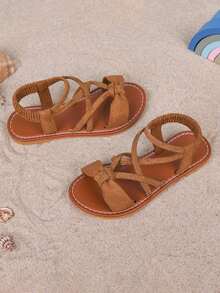 1 Pair Girls' Fashion New Slip-On Flat Sandals, Soft Bottom Non-Slip Children's Roman Sandals, Big Kids Beach Shoes, Suitable For Summer - Brown - View 8